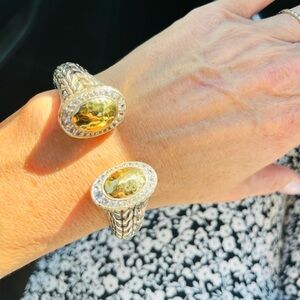 John Hardy RARE 22K Palu Gold & Silver White Sapphire Oval Kick Cuff 2.20ct